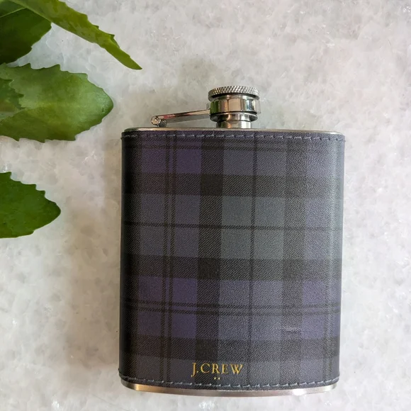 J. Crew Stainless Steel Flask Purple Plaid Cover - Picture 1 of 9